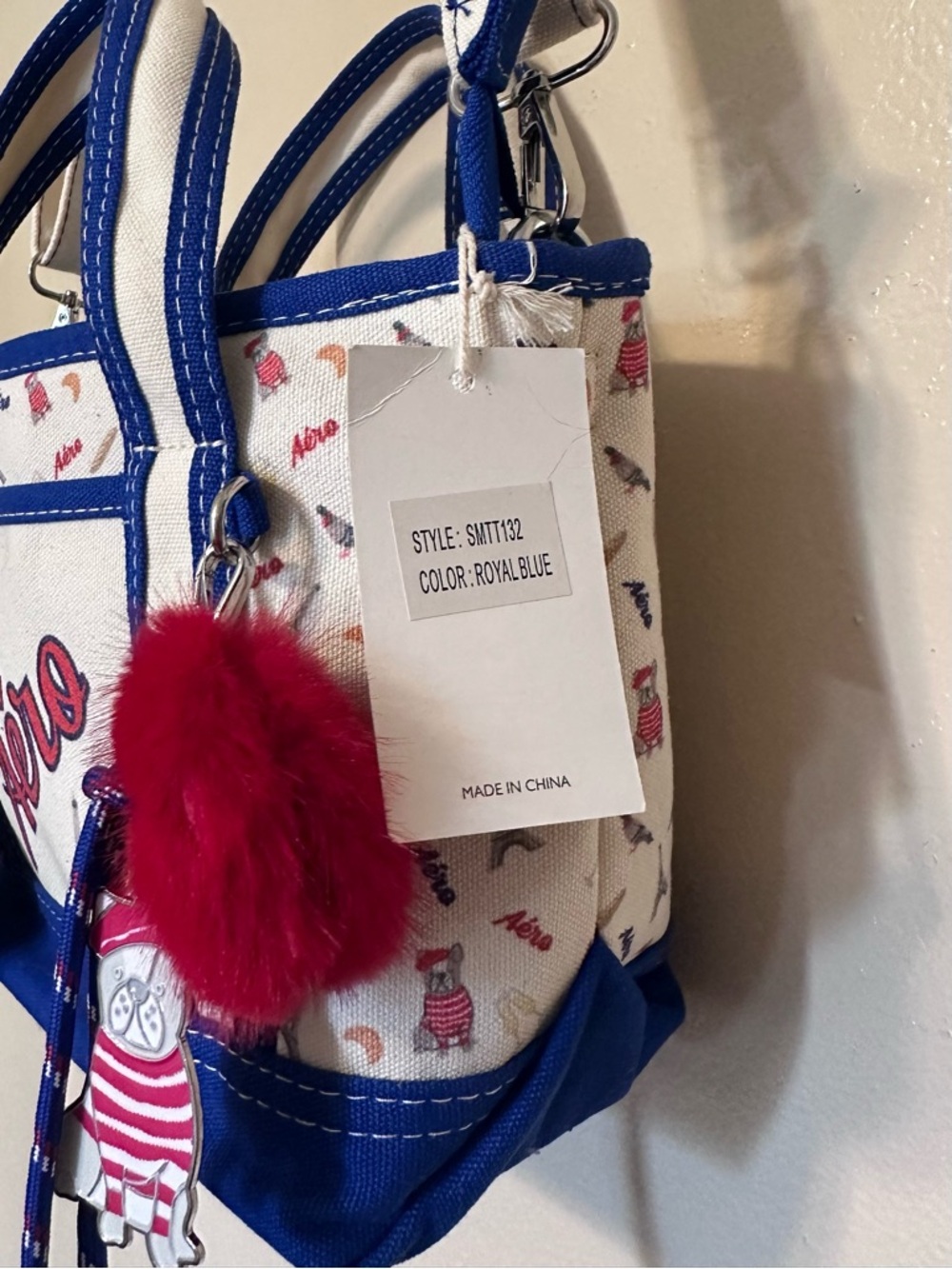 Aeropostale White, Royal Blue & Red Mini Tote with Pom Charm - Picture 3 of 10